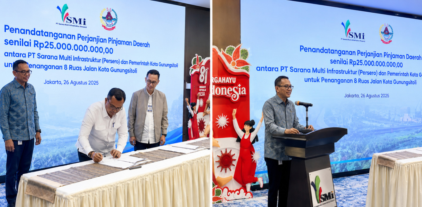 Foto : Sowa’a Laoli, Wali Kota Gunungsitoli menandatangani dokumen kerjasama (kiri) dan Faaris Pranawa, Direktur Pembiayaan Publik dan Pengembangan Proyek PT SMI (kanan) saat menyampaikan sambutan dalam rangkaian PPPD dua instansi.